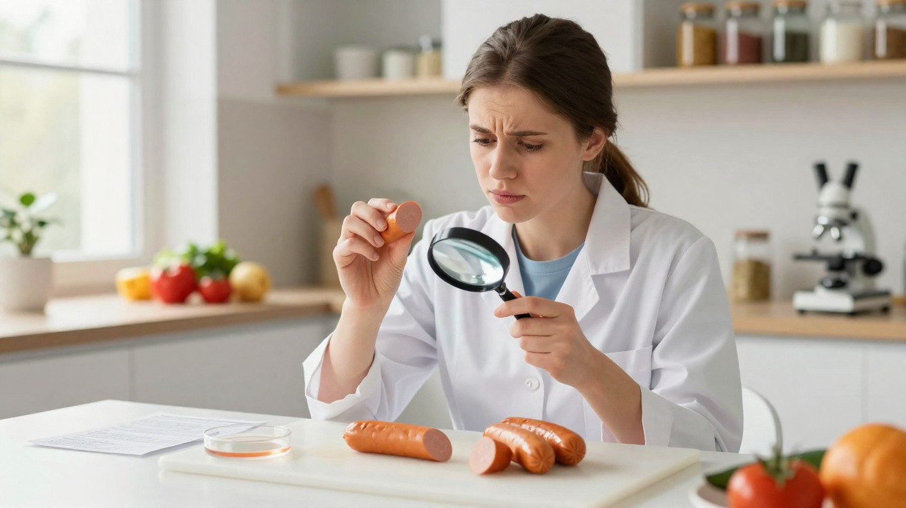 Homem de bata branca examina salsicha com lupa numa cozinha moderna.