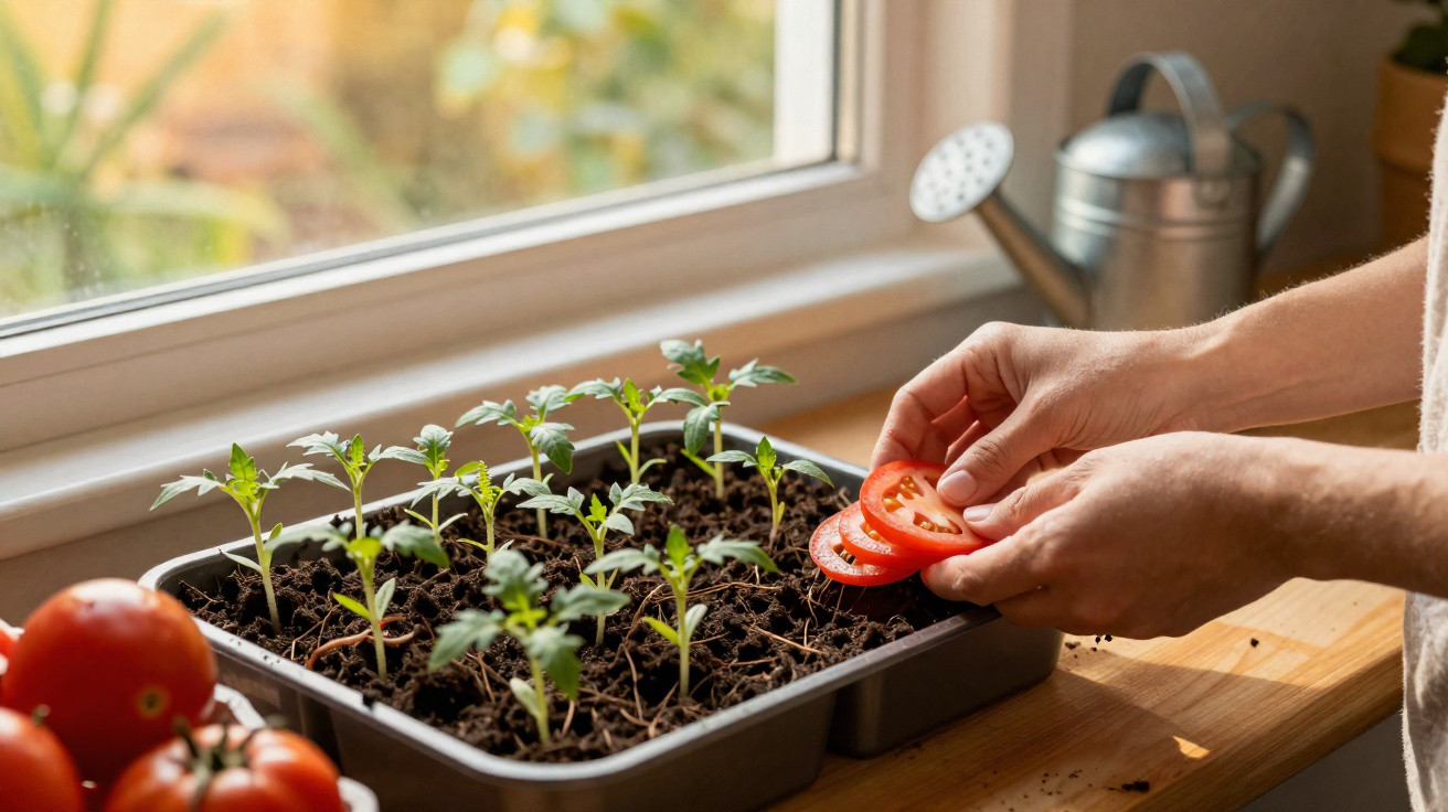 Mãos seguram fatia de tomate junto a dois tabuleiros com mudas de plantas numa janela com regador ao fundo.