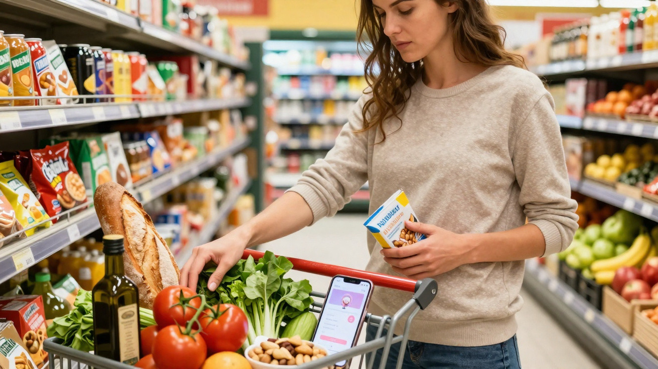 Mulher grávida a fazer compras no supermercado, segurando pacote de snacks, carrinho com legumes e frutos.