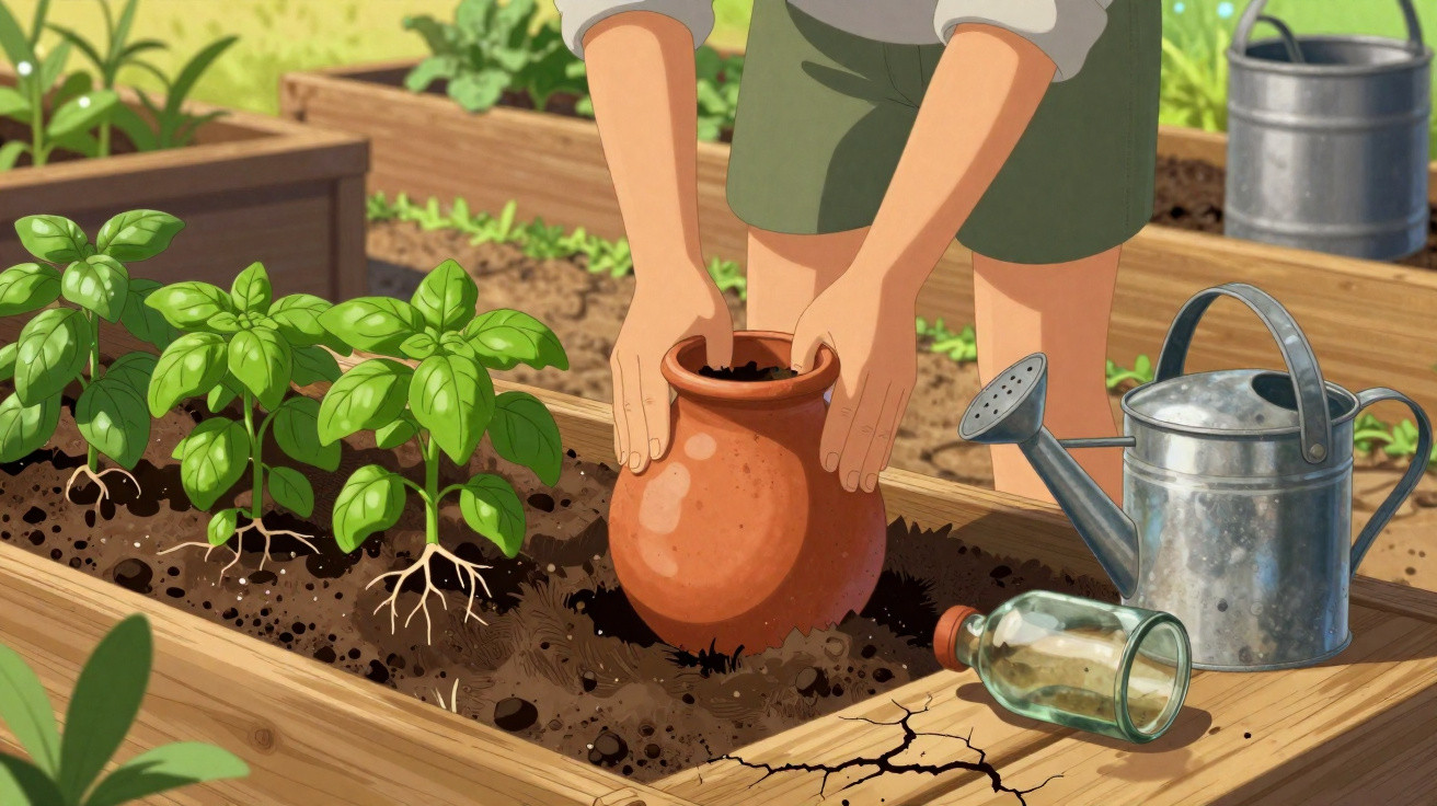 Pessoa a plantar ervas aromáticas em canteiro de jardim, com regador e jarro de barro ao lado.