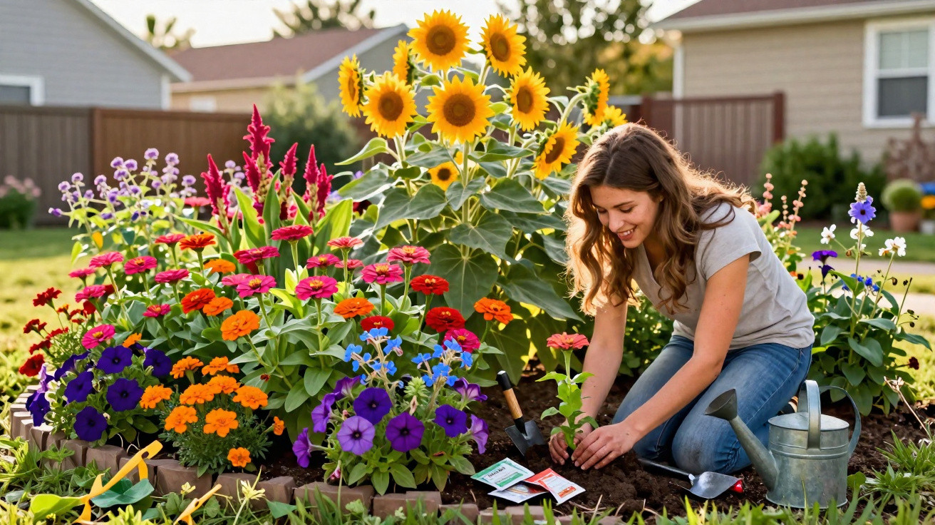 Jovem a cuidar de um canteiro de flores coloridas num jardim ensolarado com casa ao fundo.