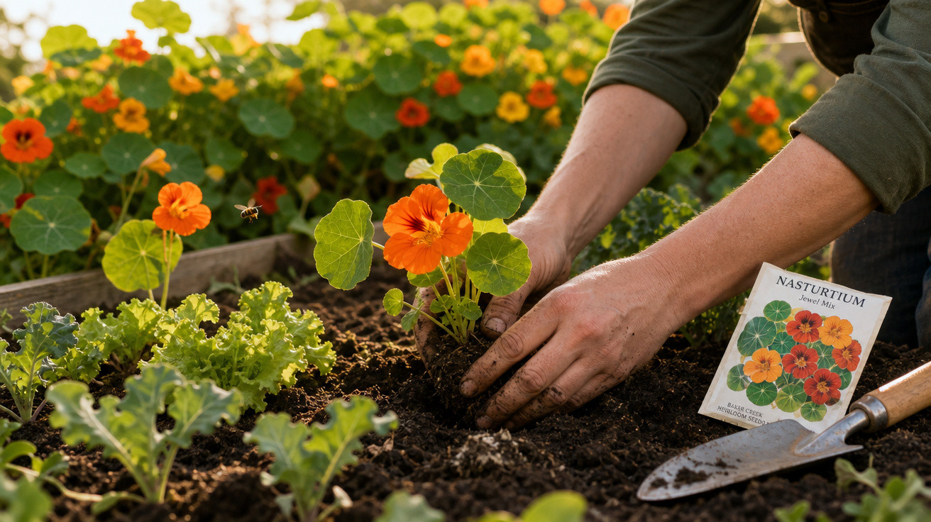 Pessoa a plantar flores nasturtium laranja num jardim com terra escura e abelha em voo próximo.