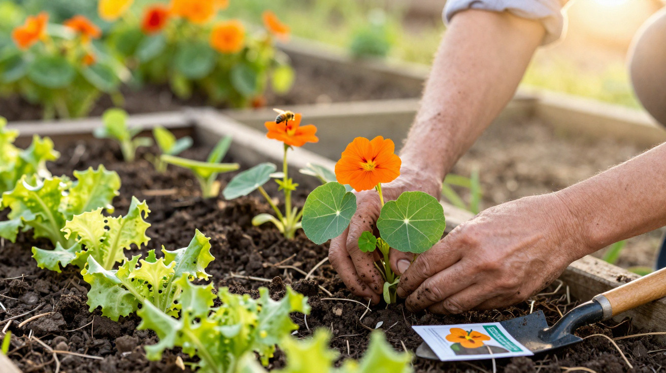 Mãos a plantar uma flor laranja num canteiro com várias plantas e uma abelha próxima.