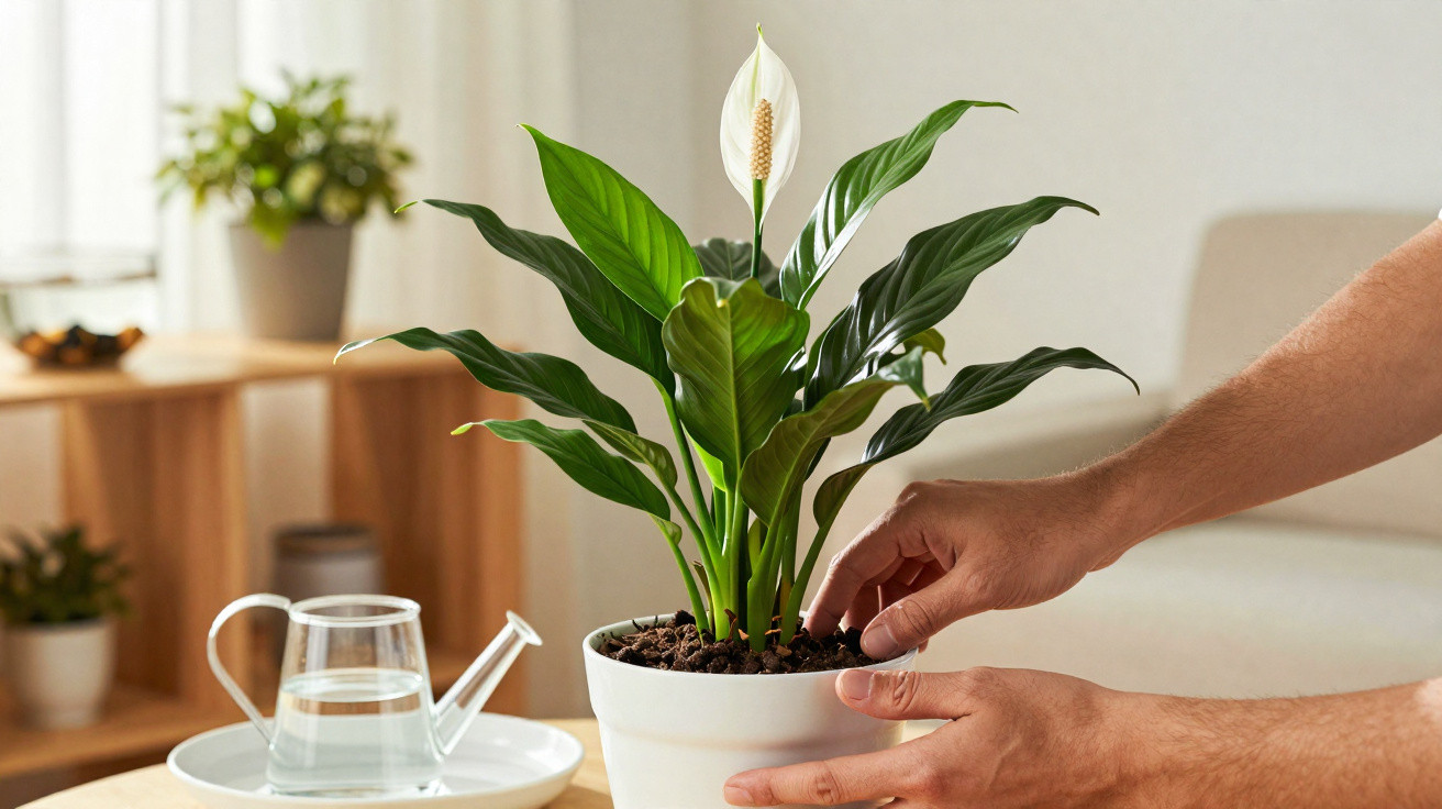 Pessoa a cuidar de planta espada-de-são-jorge em vaso branco sobre mesa numa sala iluminada.