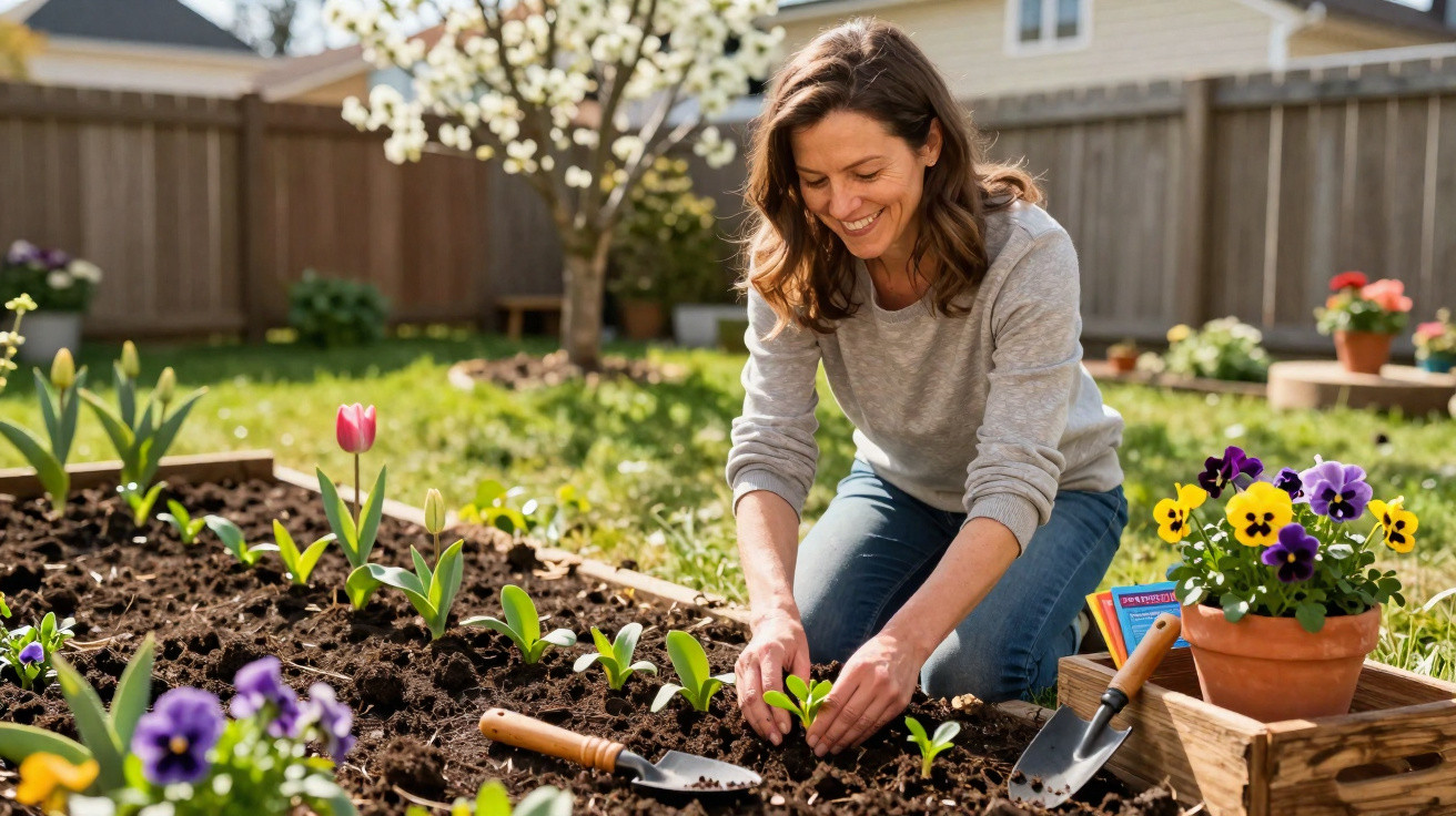Mulher a sorrir a plantar flores numa horta com várias flores e vasos ao redor num jardim.