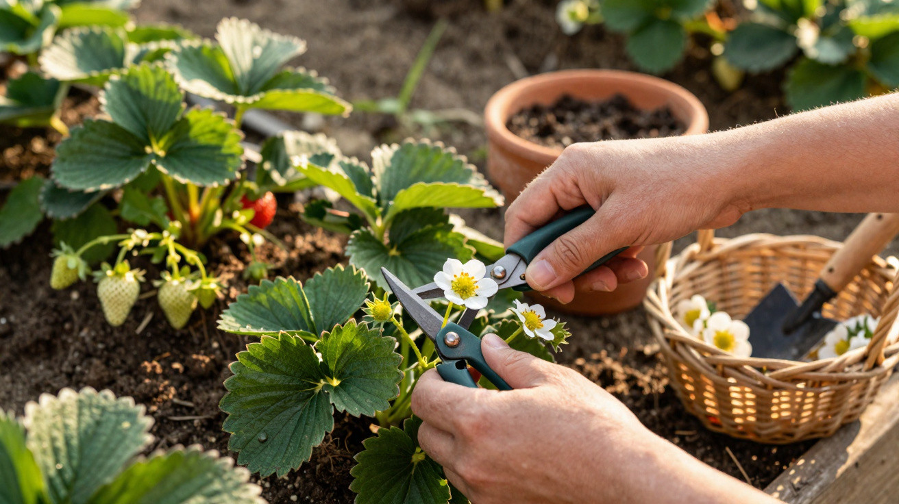 Pessoa a podar flor de morangueiro com tesoura de jardim, em cultivo ao ar livre.