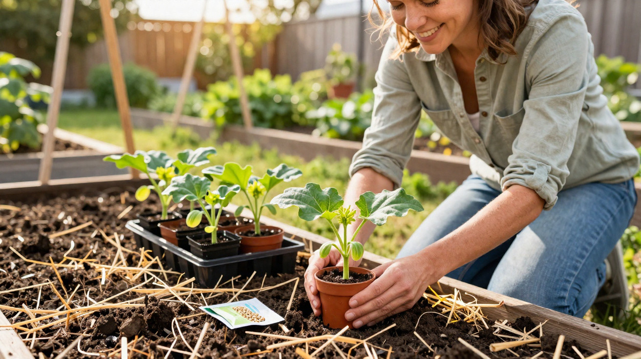 Mulher sorridente a plantar muda de vegetal num canteiro de jardim ao ar livre.