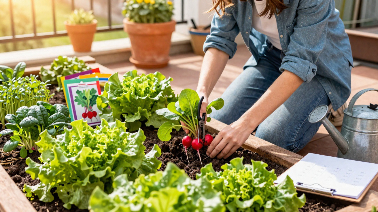 Pessoa colhendo rabanetes numa horta urbana com várias plantas verdes e caderno para anotações ao lado.