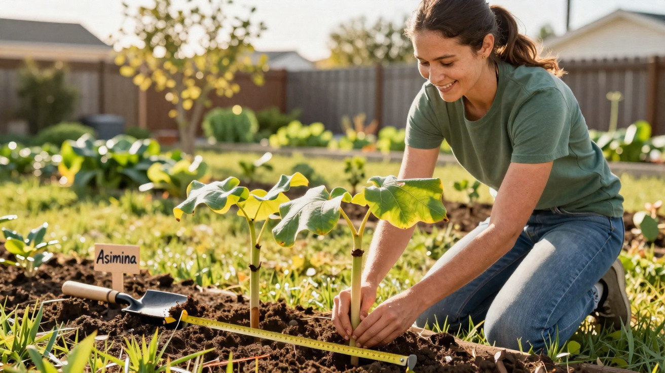 Mulher a plantar muda de Asimina num jardim, ao ar livre, com ferramentas de jardinagem ao lado.