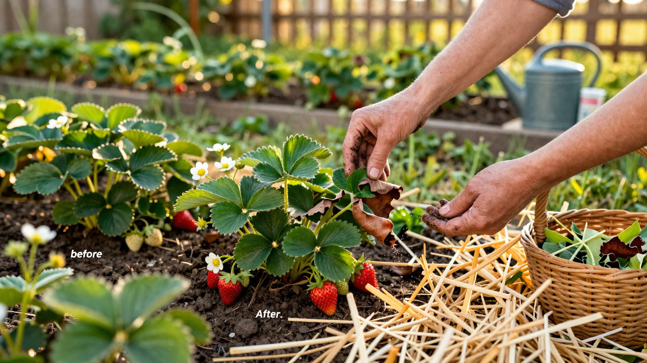 Mãos a cuidar de plantas de morango com frutos vermelhos e flores brancas num jardim com regador ao fundo.