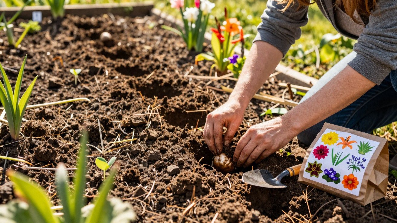 Pessoa a plantar bulbos de flores em terreno de jardim com utensílios e saco de sementes ao lado.
