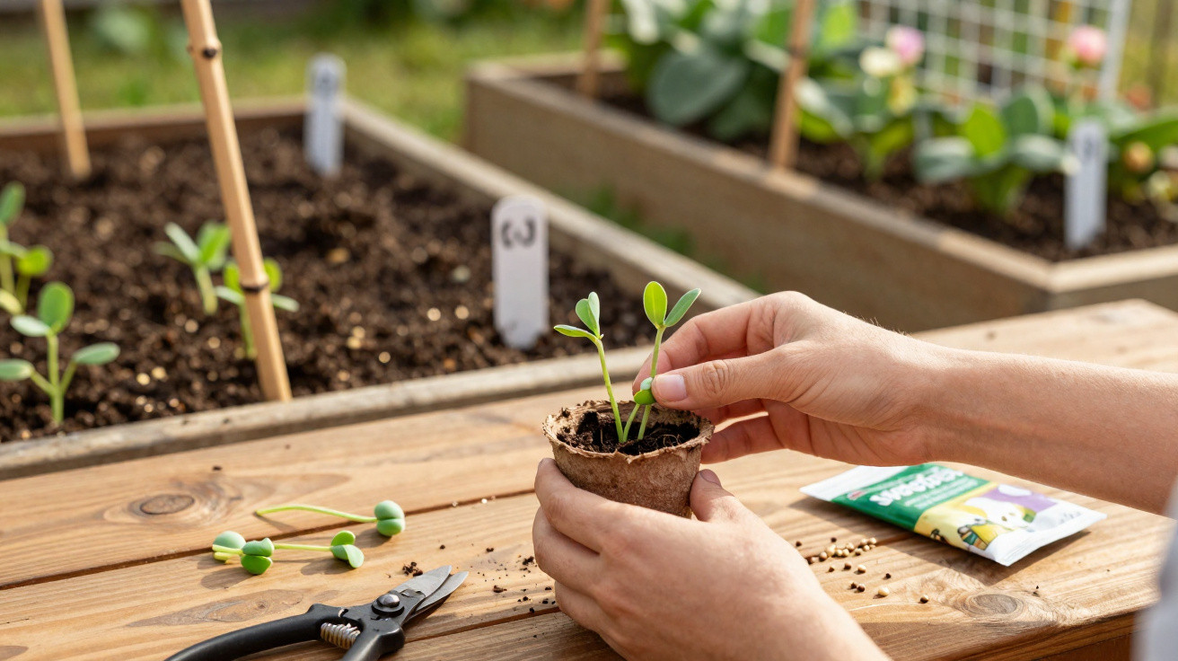 Pessoa a transplantar muda de ervilha doce para vaso biodegradável, com sementes e plantas ao fundo.