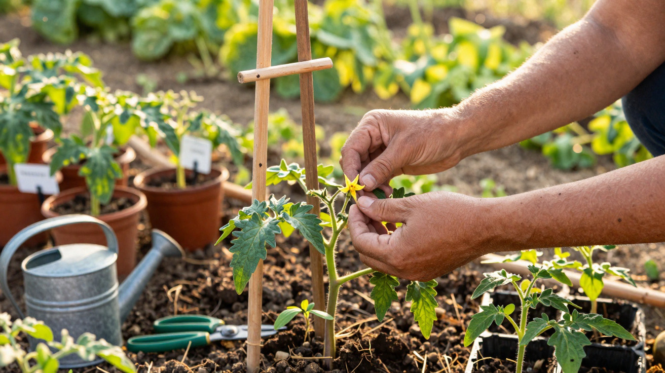 Mãos cuidadosas a podar flores de uma planta jovem num canteiro de cultivo com ferramentas e regador ao fundo.