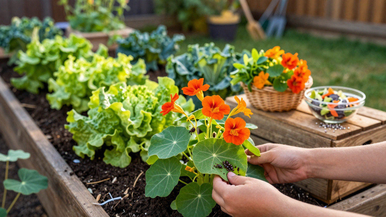 Mãos a colher flores laranja numa horta com alfaces verdes e uma cesta com legumes coloridos.