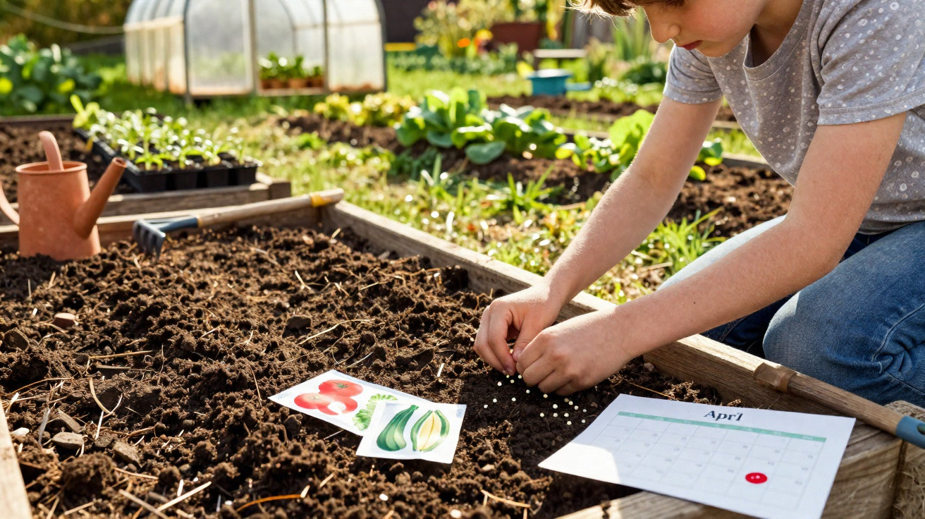 Pessoa a semear sementes num canteiro elevado com cartões de plantas e regador ao lado.