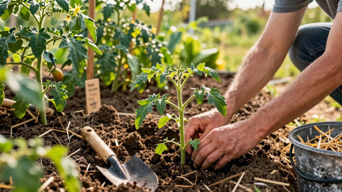 Mãos a plantar uma muda de tomateiro num canteiro de terra fértil, com uma enxada ao lado.
