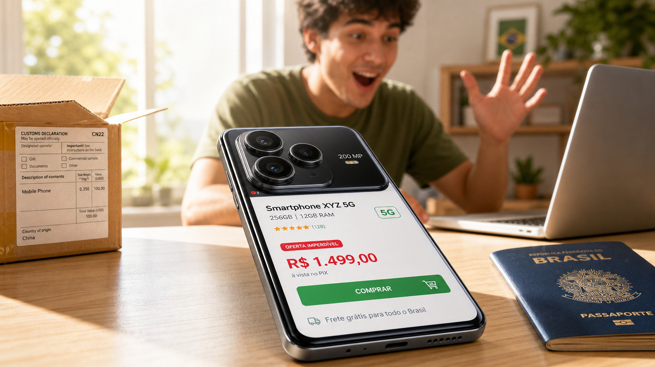 Homem surpreendido faz compra online de smartphone 5G por R$ 1.499,00 com frete grátis no Brasil.