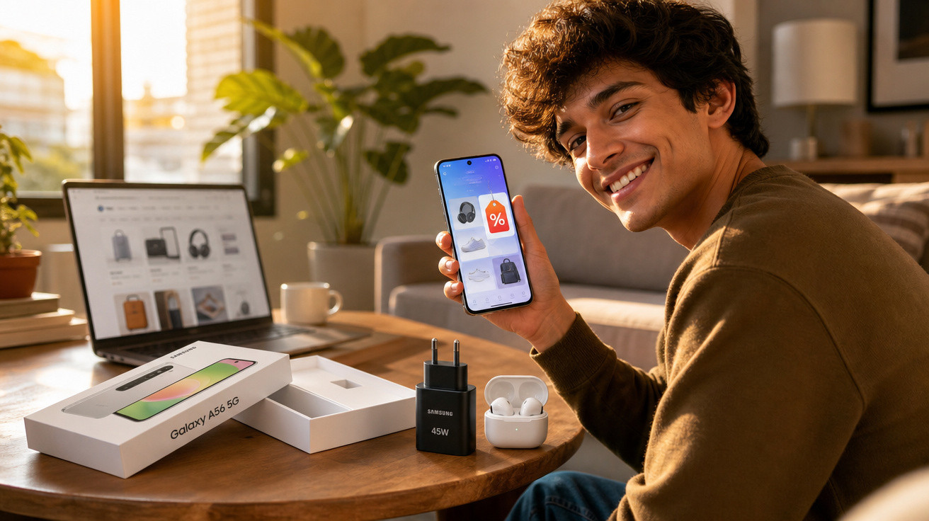Jovem sorridente mostra telemóvel com promoções, ao lado de caixa de Galaxy A56 5G e auriculares sem fios.