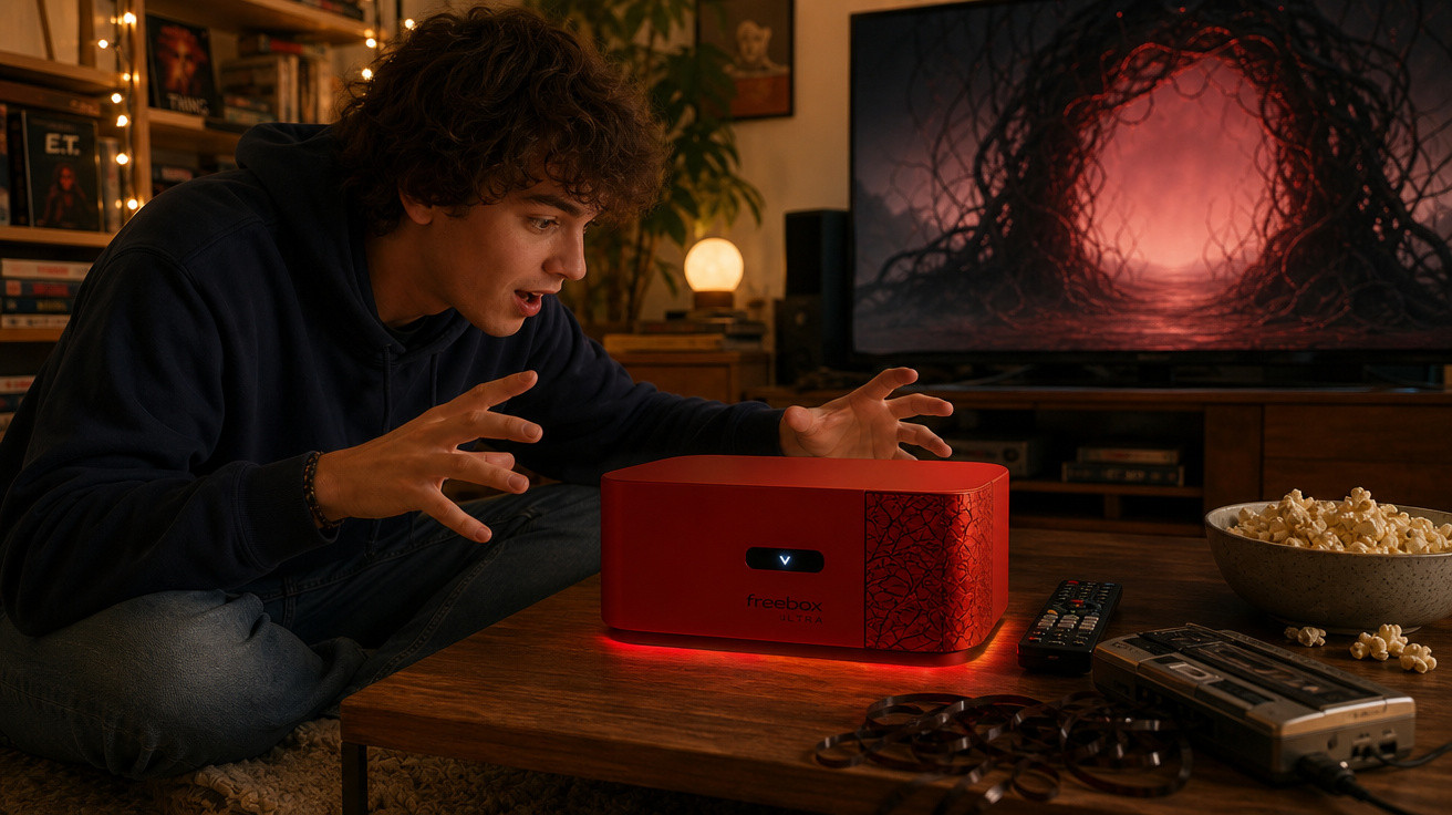 Rapaz surpreendido observa dispositivo vermelho numa sala com sofá, televisão e uma taça de pipocas.