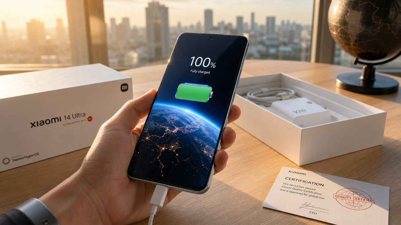 Pessoa segura telemóvel Xiaomi 14 Ultra com bateria totalmente carregada em escritório com caixa e certificado.
