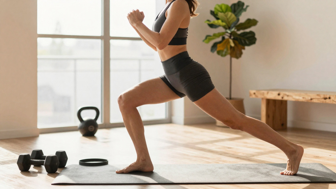 Mulher a fazer exercício de alongamento em tapete de yoga numa sala iluminada e com pesos ao lado.