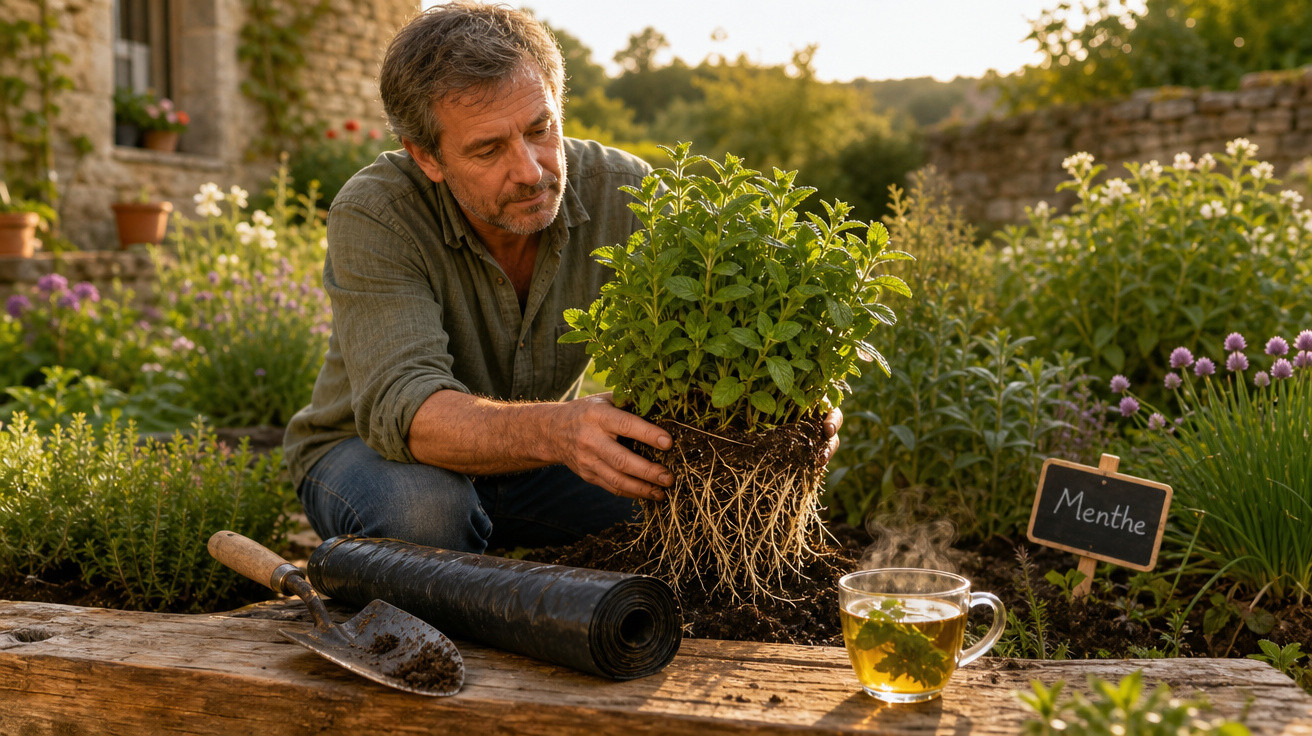 Homem a transplantar planta de hortelã num canteiro de jardim ao pôr do sol com chá de hortelã na mesa.