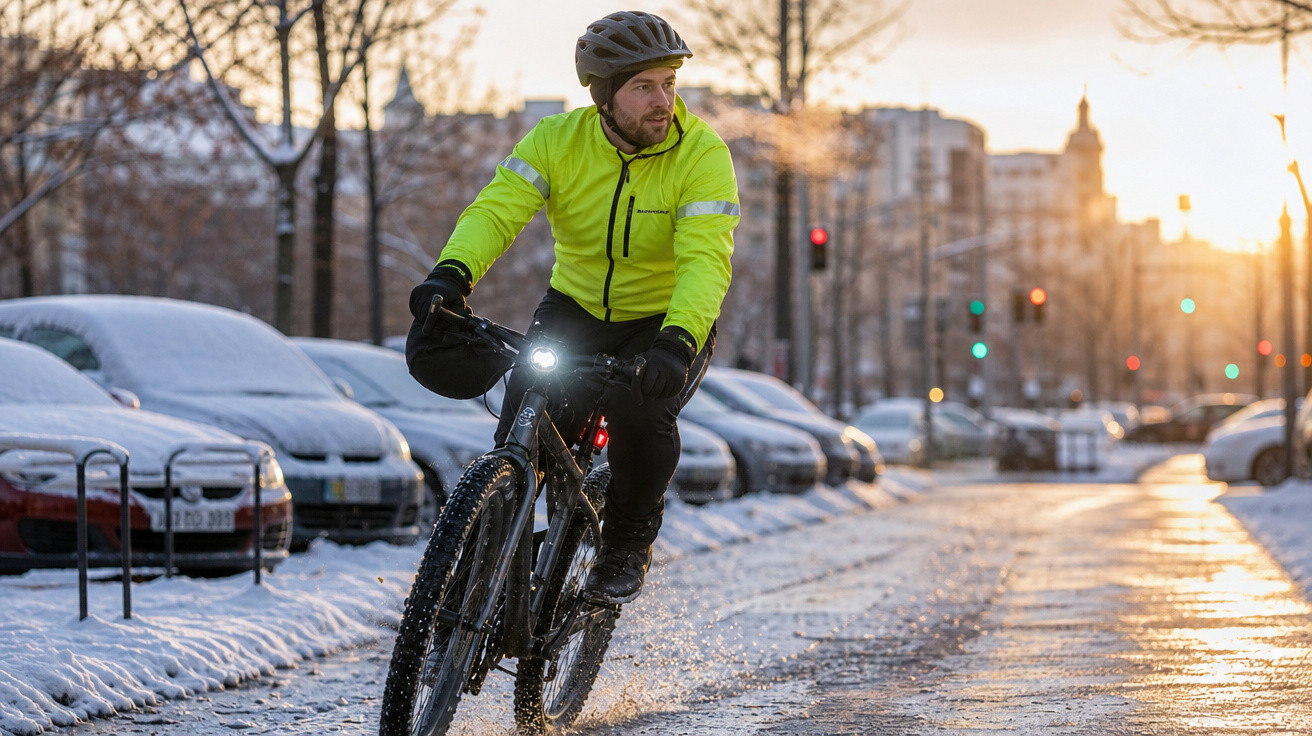 Homem de casaco amarelo e capacete a pedalar bicicleta numa rua coberta de neve ao pôr do sol.