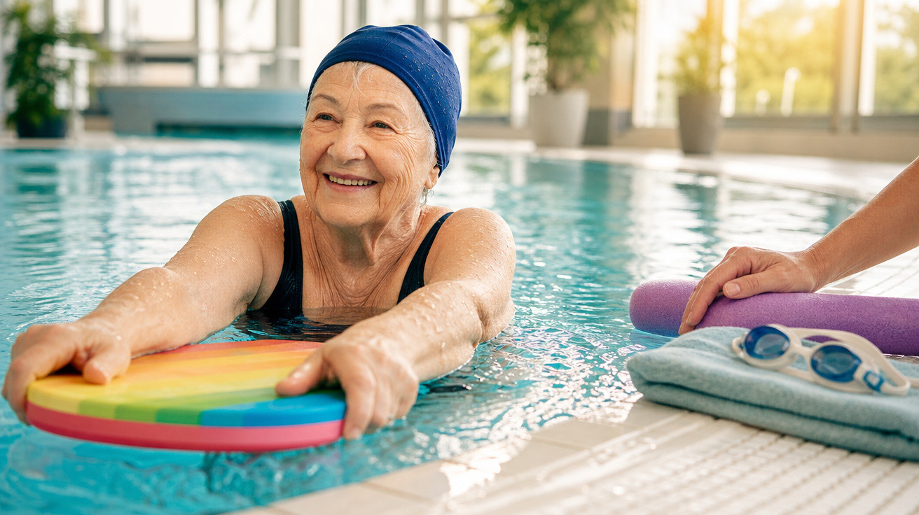 Mulher idosa a sorrir na piscina com touca azul, segurando uma prancha de treino colorida.