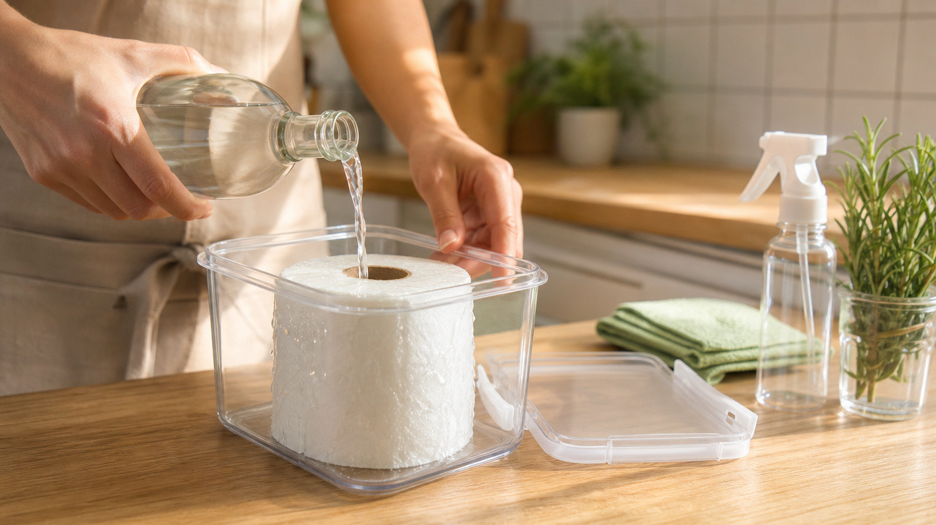 Pessoa a verter líquido numa caixa transparente com um rolo de papel de cozinha no interior, numa cozinha.
