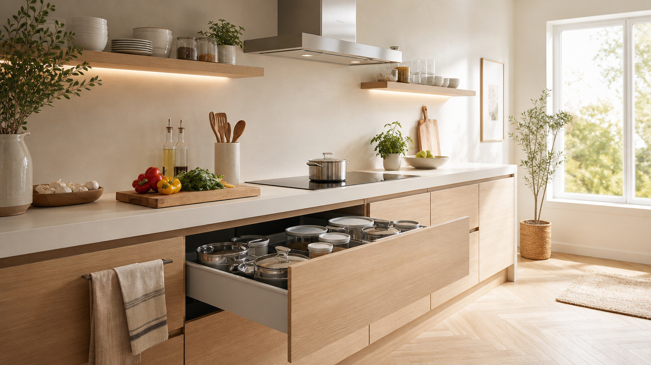 Cozinha moderna com gaveta aberta cheia de panelas, bancada com legumes e utensílios, planta e janela luminosa.