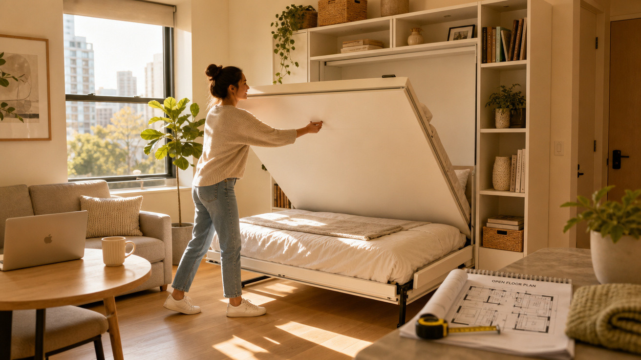 Mulher a arrumar uma cama dobrável numa sala moderna, com luz natural e decoração minimalista.