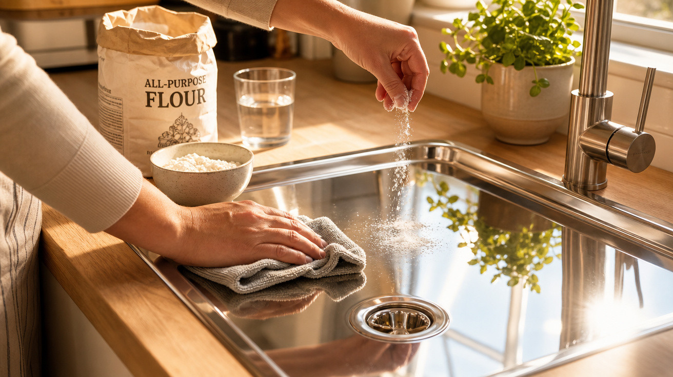 Mãos espalham farinha no lava-loiças de inox e limpam superfície com pano na cozinha iluminada a luz natural.