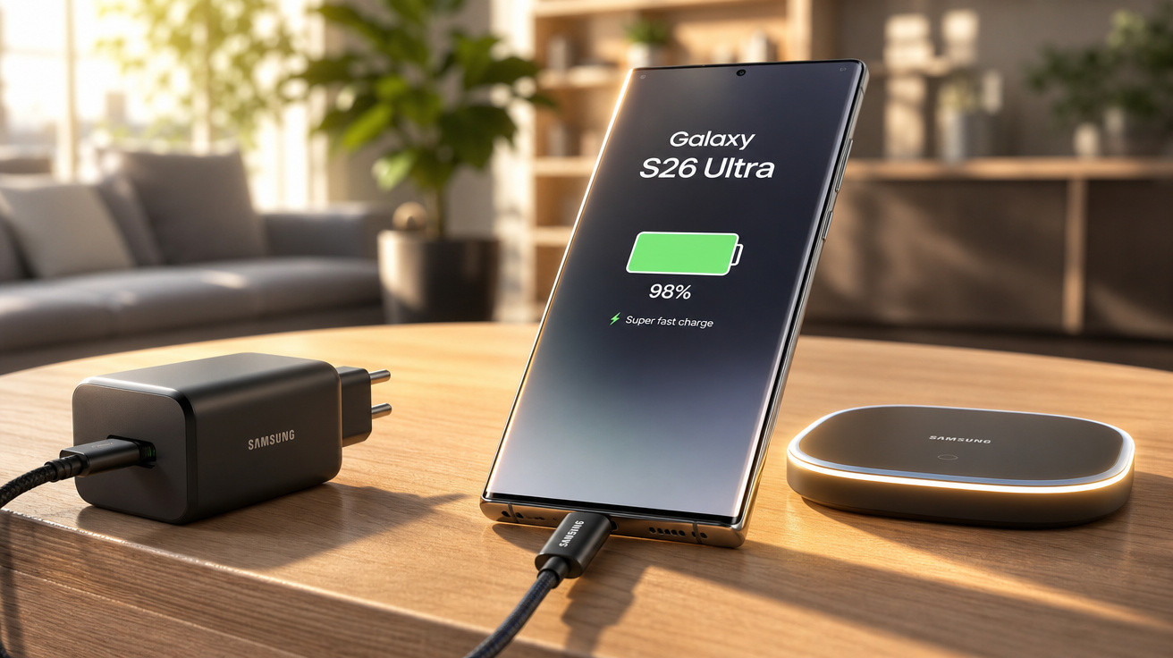 Smartphone Samsung Galaxy S26 Ultra a carregar com 98% de bateria numa superfície de madeira, ladeado por carregador e base.