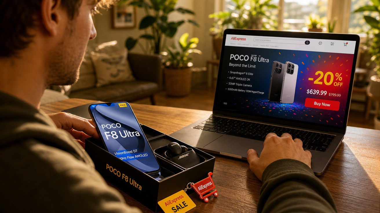 Pessoa a comprar smartphone POCO F8 Ultra em promoção num computador portátil na mesa de casa.