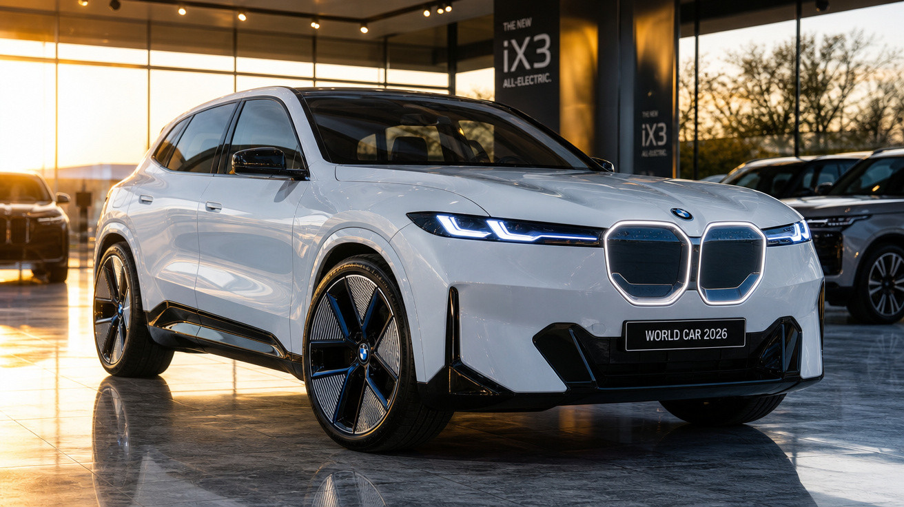 Carro elétrico BMW iX3 branco com design moderno em exposição interior, placa preta "World Car 2026".