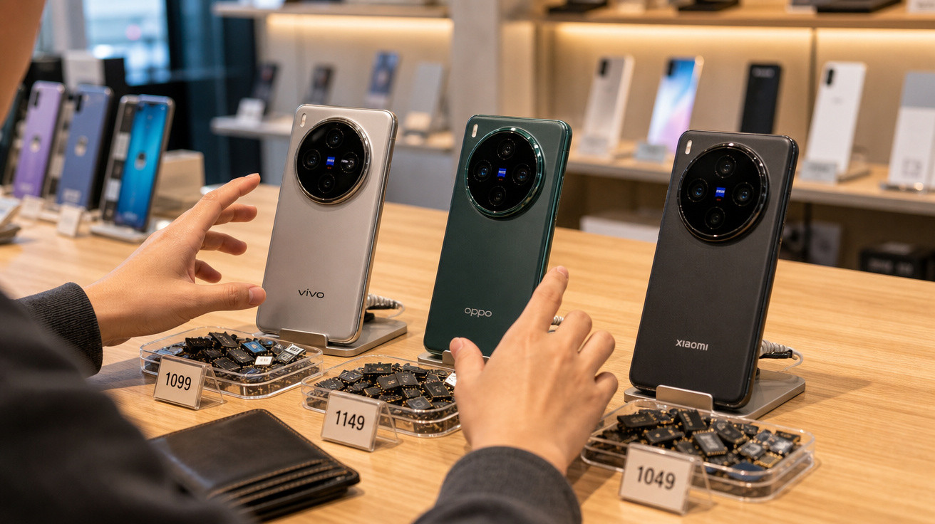 Telemóveis Vivo, Oppo e Xiaomi em exposição com etiquetas de preços numa loja de eletrónica.