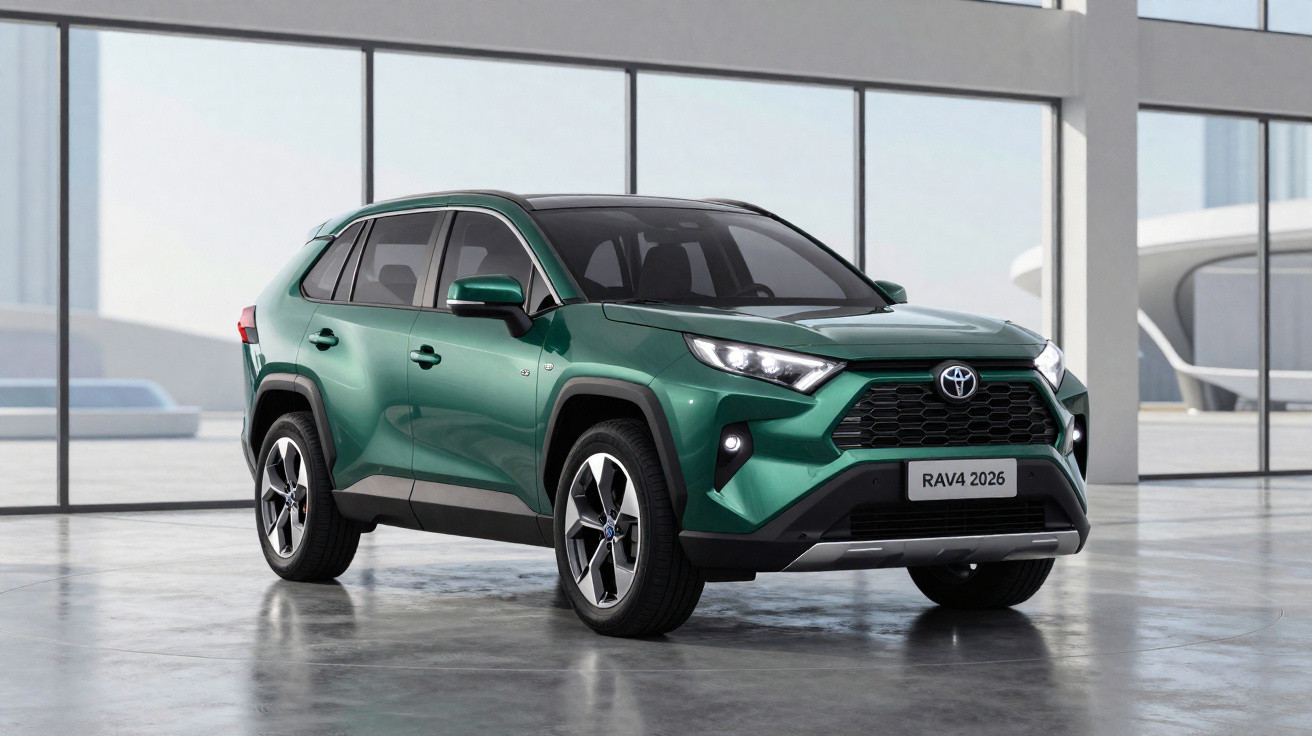 Carro Toyota RAV4 2026 verde metálico estacionado em ambiente interior moderno com paredes de vidro.