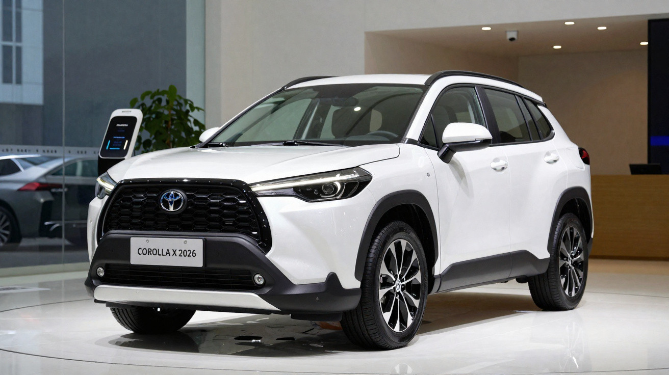 Automóvel Toyota Corolla X 2026 branco, elétrico, exposto em stand moderno com carregador à esquerda.