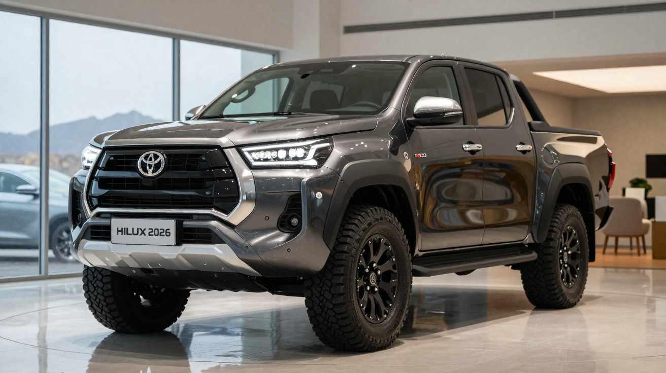 Toyota Hilux 2026 cinzento escuro estacionado em ambiente interior moderno.