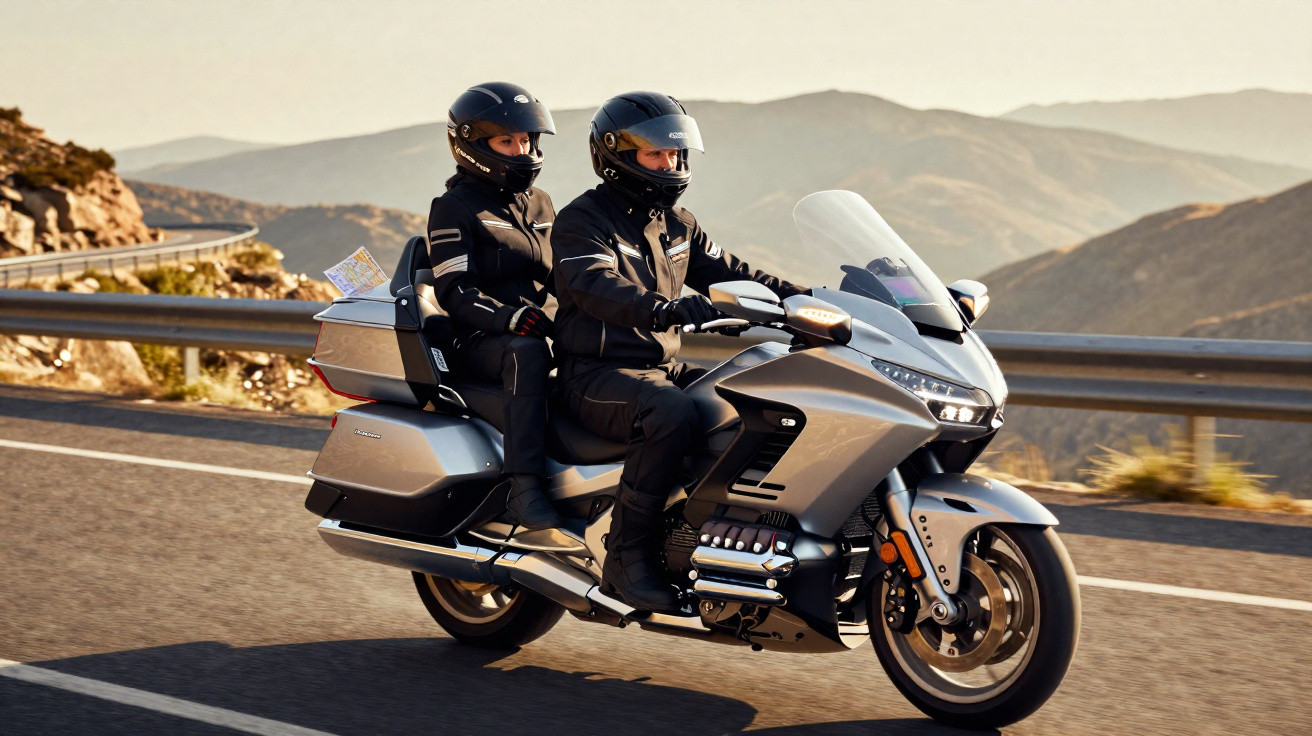 Duas pessoas com capacetes e roupa de motoqueiro numa moto touring prateada a circular numa estrada em zona montanhosa.