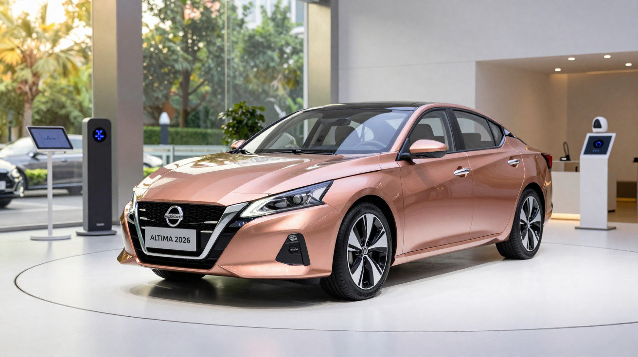 Carro Nissan Altima 2026 cor rosa exposto numa sala de showroom moderna e iluminada.