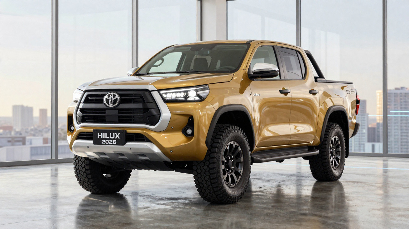 Picape Toyota Hilux 2026 dourada estacionada em espaço interior com janelas amplas.
