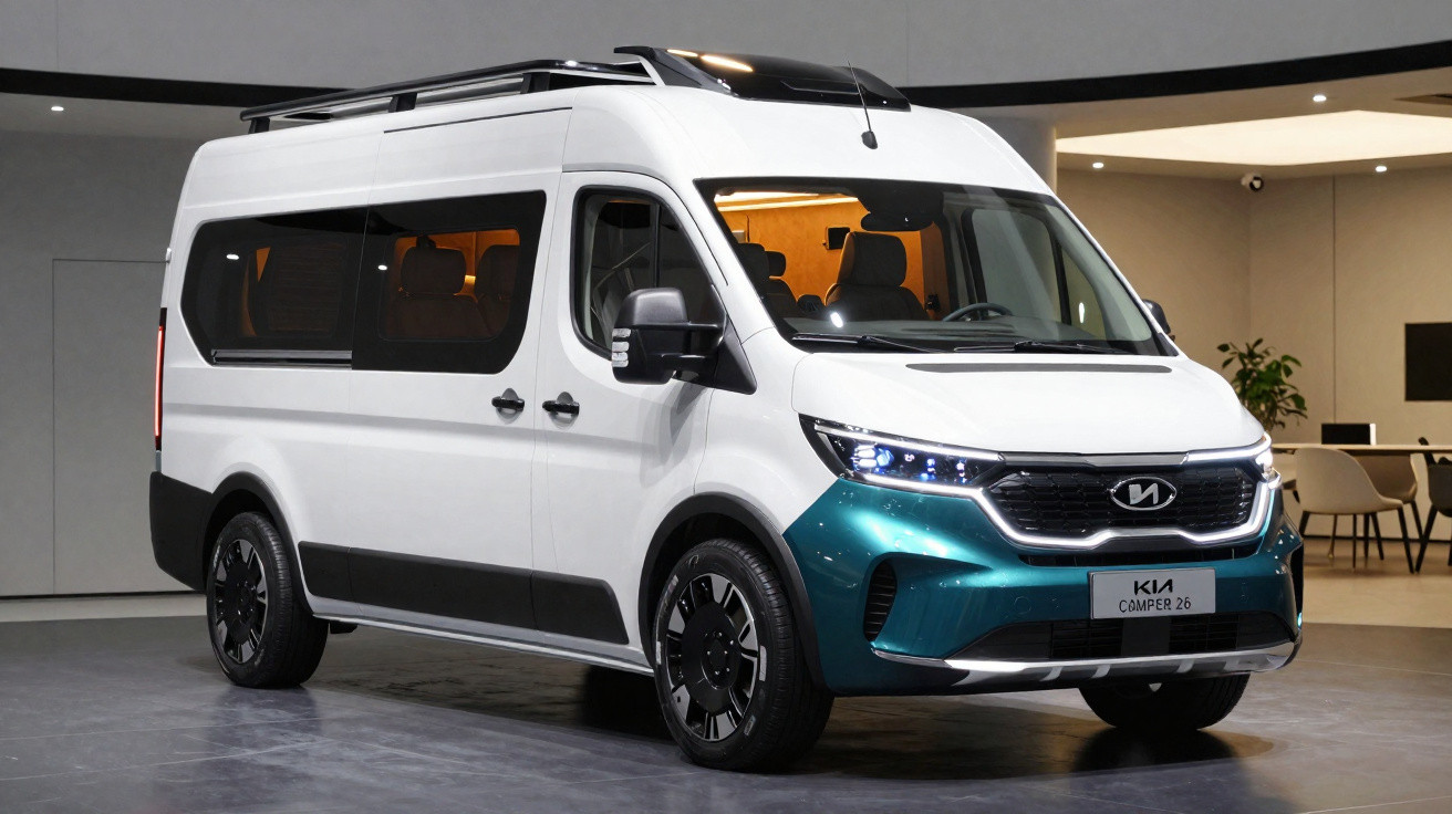 Furgão Kia Camper 26 branco com detalhes verdes, janelas escuras e teto solar, em exposição interior.