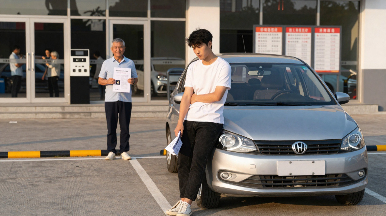 Homem jovem encostado em carro estacionado, outro homem mais velho ao fundo segurando documento.