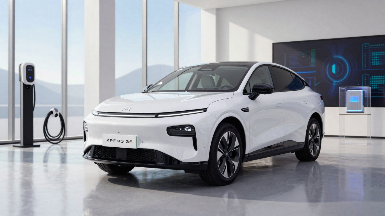 Carro elétrico branco XPeng G6 numa sala moderna com estação de carregamento e ecrã digital no fundo.