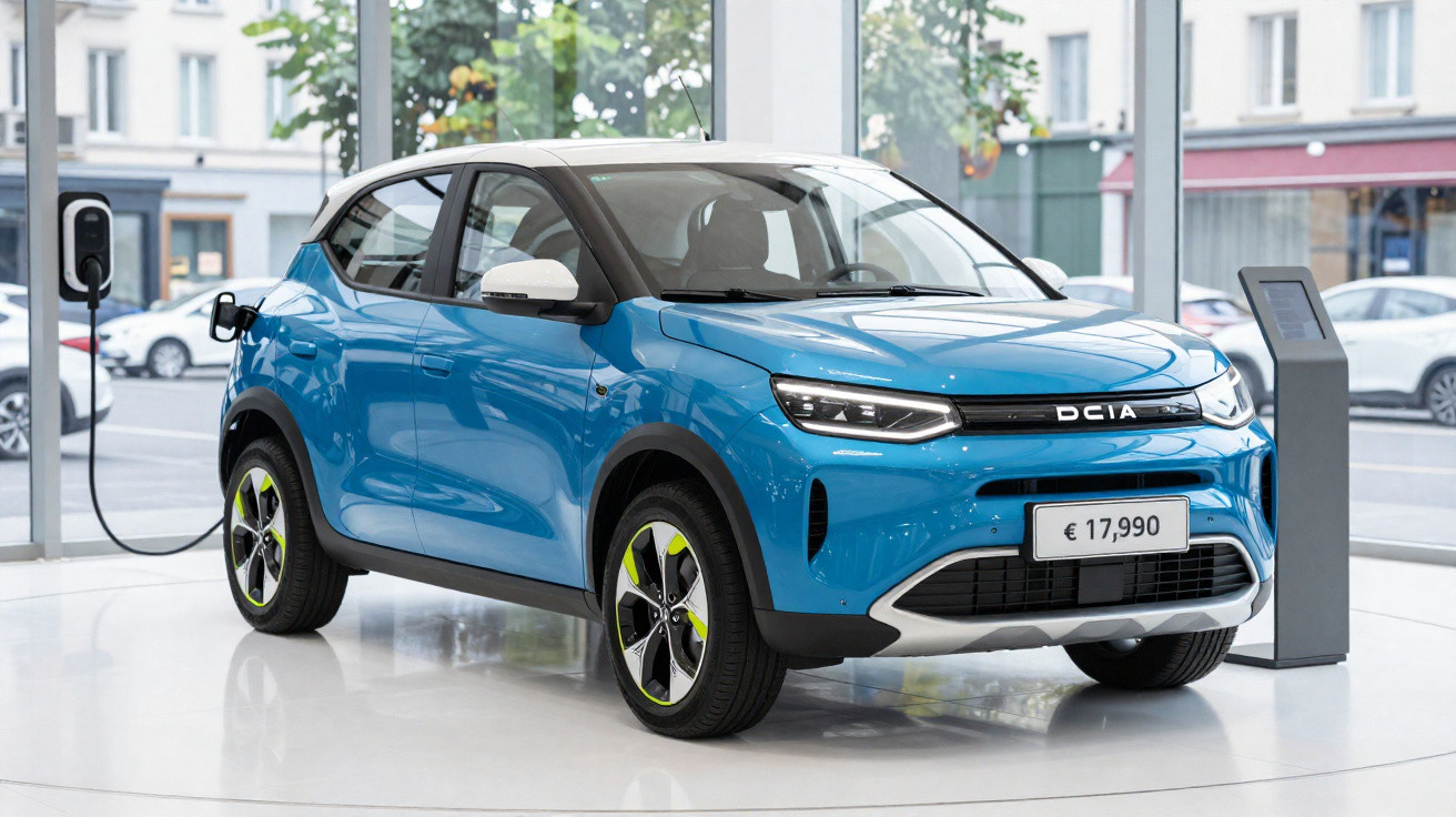 Carro elétrico azul DCIA em exposição, ligado a posto de carregamento, preço indicado 17.990 euros.