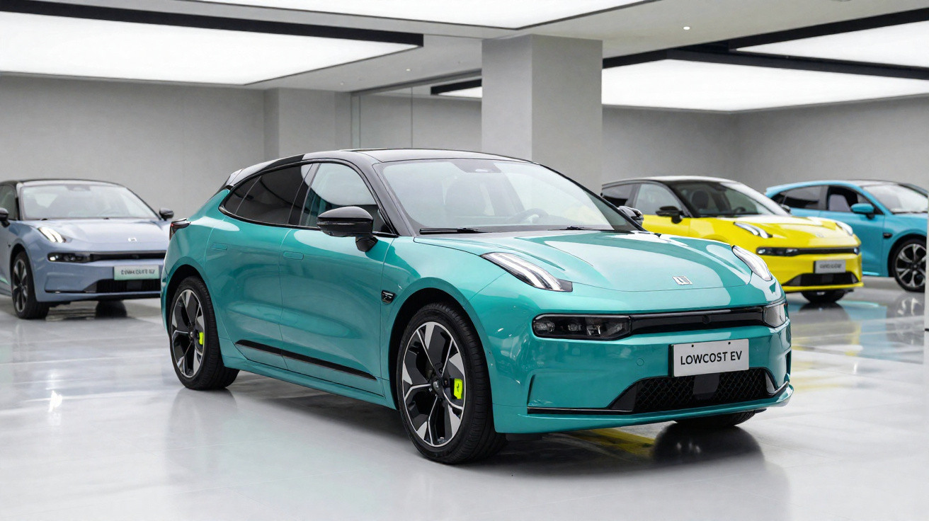 Carros eléctricos modernos de várias cores expostos numa sala ampla e iluminada.