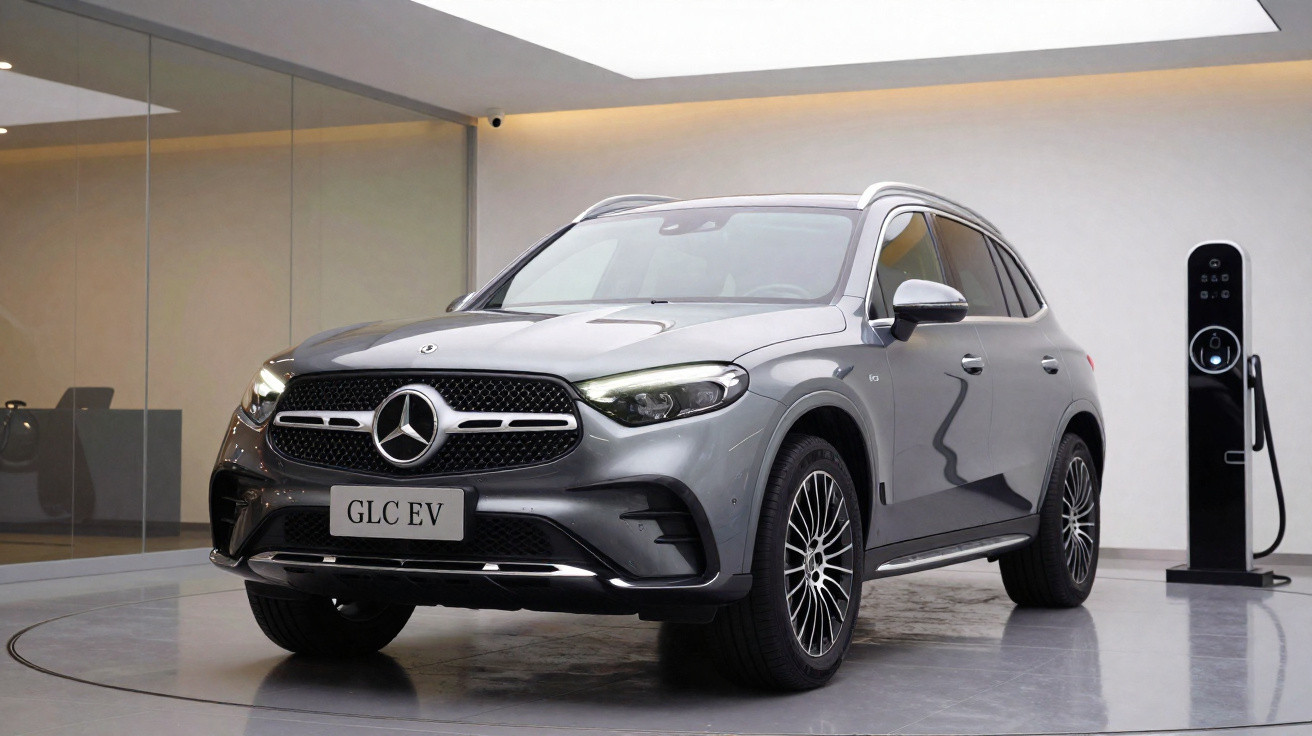 Carro elétrico Mercedes-Benz GLC EV cinza estacionado junto a uma estação de carregamento interior.