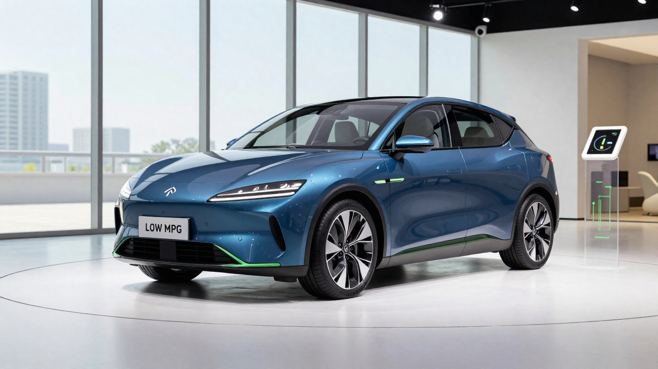 Carro elétrico azul de cinco portas exposto em showroom moderno com grandes janelas.