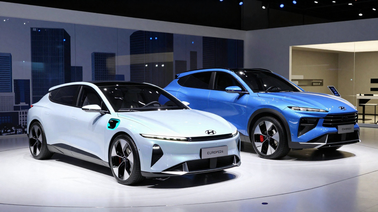 Dois carros elétricos Hyundai em exposição, um branco e outro azul, num ambiente moderno e iluminado.